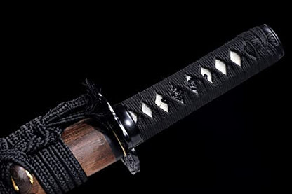 Shinken of Sword Japanese Short Tanto Sword Clay Tempered T10 Steel Blade | Functional hand forged T10 steel Tanto: Real Hamon, 60 HRC edge, full tang & genuine ray skin tsuka for collection