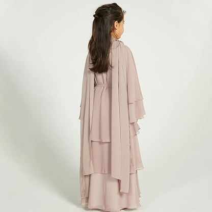 Chiffon layered Open Abaya Dubai Kaftan Muslim Cardigan Abayas Dresses For Girls Casual Robe Kimono Islam Clothing - color: Champagne, size: 3-4 Years