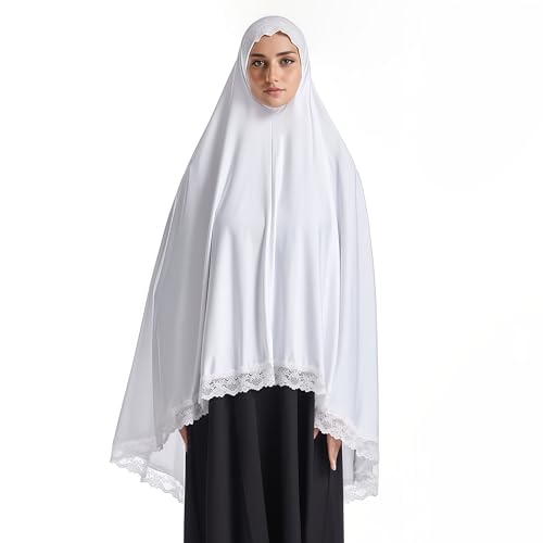 Muslim Hijab for Women Silk Scarf Lace Head Wrap Solid Color Scarves - color: White, size: Medium