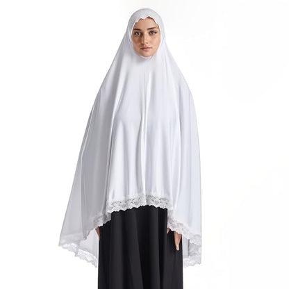 Prlemend 여성용 무슬림 히잡 두바이 실크 스카프 레이스 헤드 랩 스카프 단색 숄 | Milk Silk Fabric, Lace Edge - color: 화이트., size: 미디엄