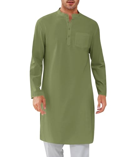 Gafeng Mens Kaftan Robe Button Down Long Sleeve Henley Cotton Thobe Casual Side Split Gown Shirt - color: Army Green, size: Small