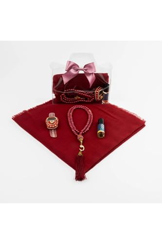 SODEF Gift Set for Women: Burgundy Scarf, Perfume, Prayer Beads & Zikirmatik in Special Box - Chic Islamic Accessory - Multicolor, 55x26 inch