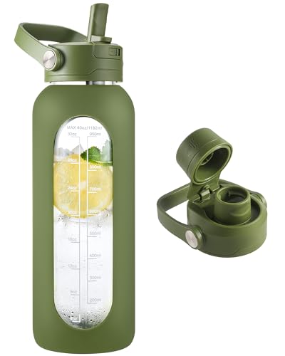CIVAGO 40 oz Glass Water Bottle with Detachable Straw and Time Maker | Motivational Large Flask Cup with Handle, Leakproof Lids, Wide Mouth, Silicone Sleeve, Tumbler for Juice, Army Green - color: .Army Green, size: 40 Ounces