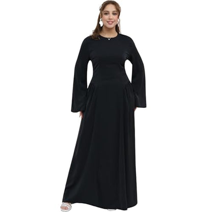 Muslim Abaya Dress for Women Smooth Back Zipper Belt Daily Prayer Eid Dress - color: Black, size: X-Large