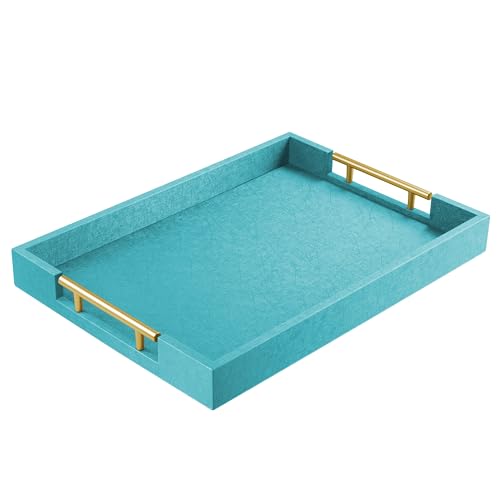 ATZYmolin 17"x12" Leather Serving Tray, Gold Handle Vanity Platter, Blue - color: Blue, size: 17" x 12" x 1.8"