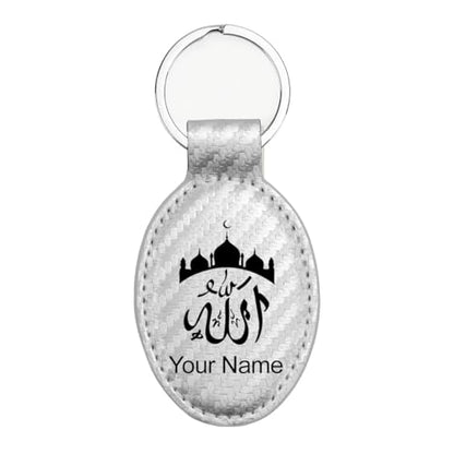 LaserGram Oval Keychain, Allah 2, Personalized Engraving Included (Carbon Fiber Silver) - color: Carbon Fiber Silver