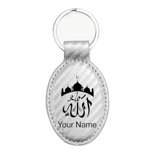 LaserGram Oval Keychain, Allah 2, Personalized Engraving Included (Carbon Fiber Silver) - color: Carbon Fiber Silver