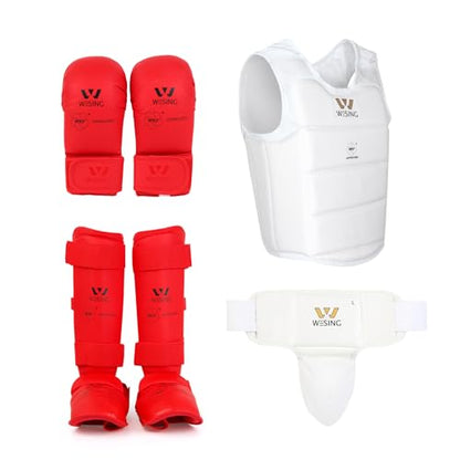 Wesing Karate Protective Gears Set with Chest Guard Gloves Groin Protection and Shin Instep Guard for Men - color: Red, size: Large