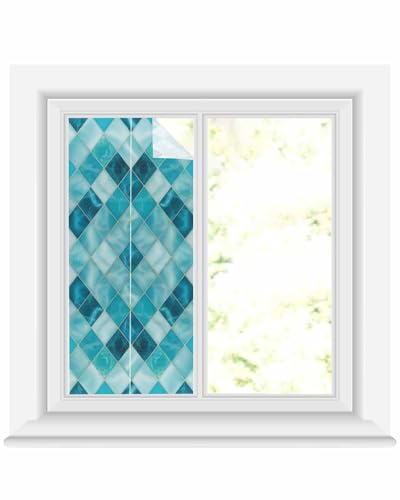 Window Privacy Film Teal Blue Diamond Window Clings for Glass Windows Modern Geometric Lines Windows Film Static Cling Frosted Windows Sticker Covering for Bathroom Living Room Office 17.7"x39.3" - size: 17.7"x39.3"