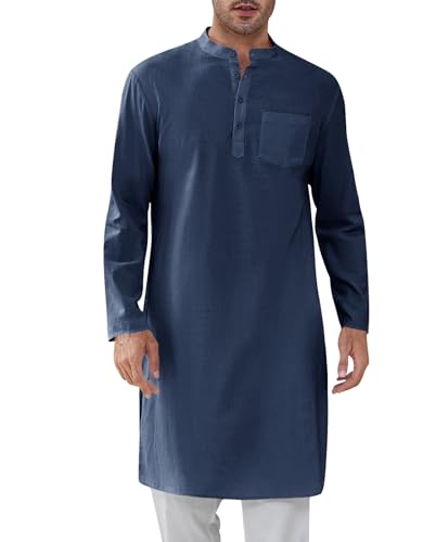 Gafeng Mens Kaftan Robe Button Down Long Sleeve Henley Cotton Thobe Casual Side Split Gown Shirt - color: Navy, size: XX-Large