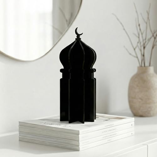 iwa concept Islamic Minaret Table Decor Statue, 3D Acrylic Mosque Sculpture, Modern Minimalist Interlocking Statue for Ramadan, Eid and Muslim Home - color: Black, size: 3.1" x 7.8"