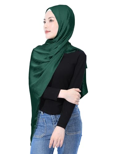 Luxury Silky Satin Hijab for Women, Shimmer Crinkle Muslim Head Scarf, Graceful Feminine Charm - color: Dark Green