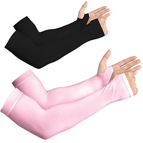 YESLIFE UV Sun Protection Arm Sleeves for Men & Women,UPF 50 Cooling Sports Sleeve - color: Black + Pink - With Thumb Hole, size: 2 Pairs