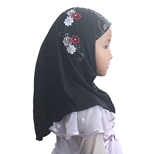 Instant Hijab for Kids Girls Hijabs Muslim Islamic Head Scarf with Rhinestone and Flowers - color: Black