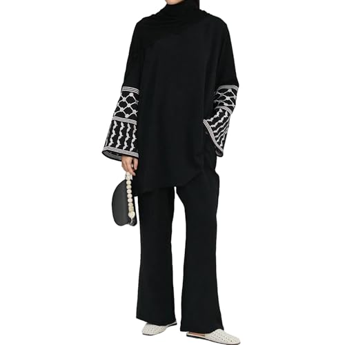 Women's Top + Pants Eid Ramadan Muslim Two-piece Outfits Embroidered Dubai Abaya Islamic Arabic Clothing - color: Black, size: X-Small-Small