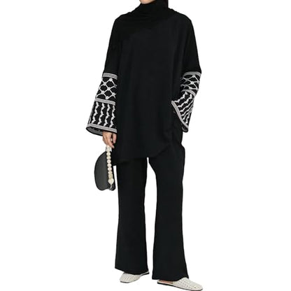 Women's Top + Pants Eid Ramadan Muslim Two-piece Outfits Embroidered Dubai Abaya Islamic Arabic Clothing - color: Black, size: Medium-Large