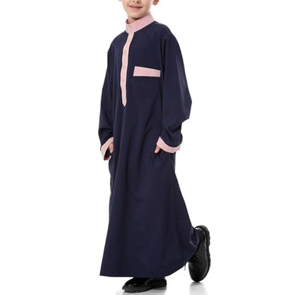 Arabic Thobe for Muslim Boys Eid Outfit Long Sleeve Kaftan Kids Prayer Dress Boys Muslim Thobe Ramadan Islamic Clothing - color: Navy, size: 7-8 Years