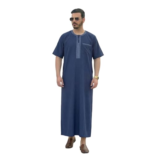 Muslim Thobe For Men Embroidery Mogadishu Short Sleeve Crew Neck Robe Jubba Prayer Kaftan Comfortable Arabic Abaya - color: Blue, size: Large