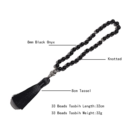 Tasbih Prayer Beads Allah & Muhammad Islamic Prayer Rosary Muslim Islam Misbaha Tasbeeh Sibha 99 Prayer Beads Necklace 33 Prayer Beads Bracelet - color: 8mm Black Onyx+33 Beads