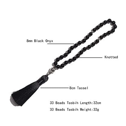Tasbih Prayer Beads Allah & Muhammad Islamic Prayer Rosary Muslim Islam Misbaha Tasbeeh Sibha 99 Prayer Beads Necklace 33 Prayer Beads Bracelet - color: 8mm Black Onyx+33 Beads
