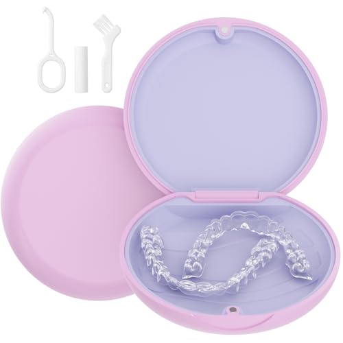 Retainer Case, Compatible with Invisalign, Cute Orthodontic Slim Aligner Case with Removal Tool and Brush, Pink & Lilac - color: Pink & Lilac