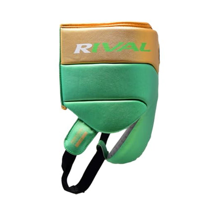 RIVAL Boxing RNFL100 Professional No-Foul Groin Protector with Laces, Dual Waist Straps, Ultra-Lightweight Construction, and Super-Rich Microfibre PU - color: Green/Gold, size: Medium
