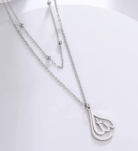 UNIFT Islamic Muslim Allah Layered Necklaces For Women Stainless Steel Charm Water Drop Heart Shape Allah Pendant Double Layer Necklace Islamic Jewelry - color: silver