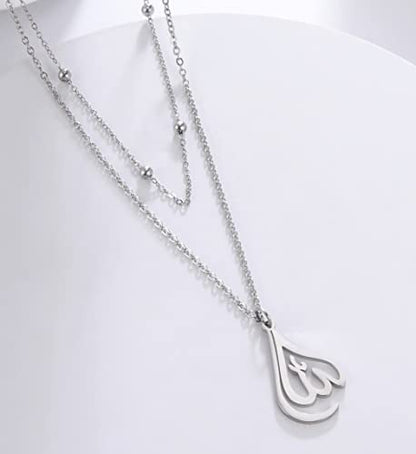 UNIFT Islamic Muslim Allah Layered Necklaces For Women Stainless Steel Charm Water Drop Heart Shape Allah Pendant Double Layer Necklace Islamic Jewelry - color: silver