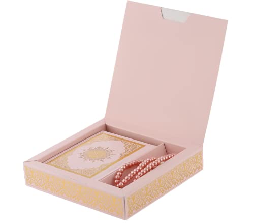 Prien Muslim Gifts for Eid, Gilt Covered Gift Box, Silvered Quran Gifts for Ramadan Mosque, Pearl Prayer Beads, Islamic Presents Women, Portable Boxes, Mawlid Gift Set for Birthday, Wedding, Umrah - color: Pink