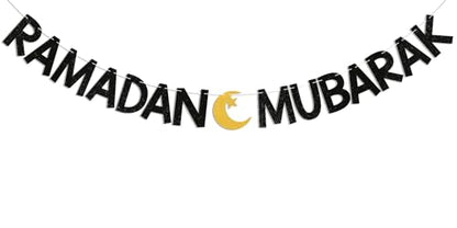 Ramadan Mubarak Banner - Eid Festival Muslim Islam Party Decoration, Ramadan Kareem Decor, Ramadan Banner with Moon and Star for Islamic Eid Decoration Black Glitter