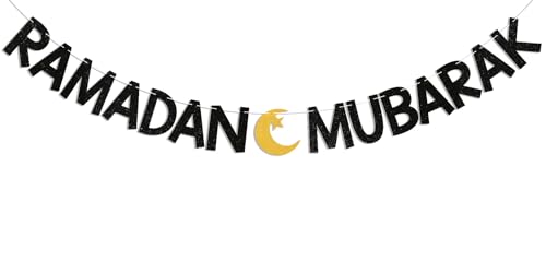 Ramadan Mubarak Banner - Eid Festival Muslim Islam Party Decoration, Ramadan Kareem Decor, Ramadan Banner with Moon and Star for Islamic Eid Decoration Black Glitter