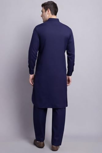 Maple Clothing Punjabi Kurta Pajama Set Mens Pathani Cotton Indian Clothes Bollywood Outfit - color: Navy Blue, size: Large