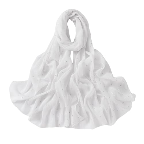JUMISEE Sparkly Rhinestone Hijab Scarf for Women Glitter Wrinkle Chiffon Muslim Instant Hijab Long Scarves Head Wrap Shawls - color: White