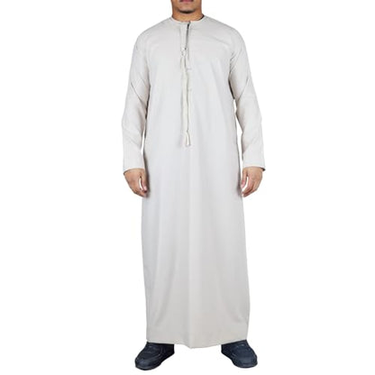 Men's Thobe Emirati Omani Jubba Islamic Clothing Muslim Kaftan Eid Robe Arab String Tassel - color: Beige Regular, size: 58