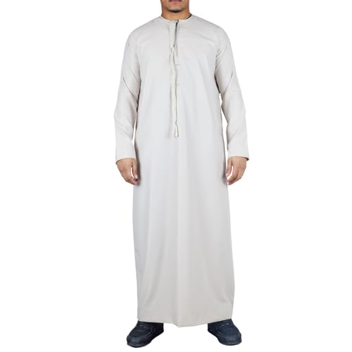 Men's Thobe Emirati Omani Jubba Islamic Clothing Muslim Kaftan Eid Robe Arab String Tassel - color: Beige Regular, size: 58