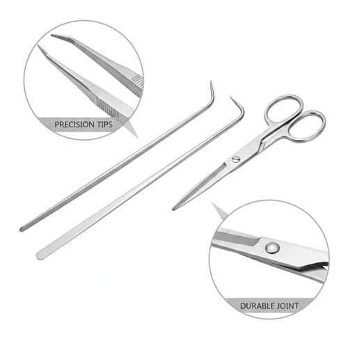 Aquarium Maintenance Tool Set - 430 Stainless Steel Long Reach Scissors, Tweezers & Sand Shovel for Fish Tanks
