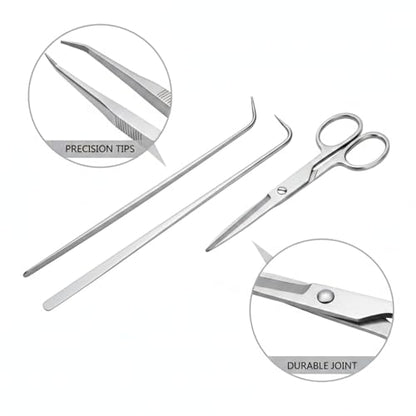 Aquarium Maintenance Tool Set - 430 Stainless Steel Long Reach Scissors, Tweezers & Sand Shovel for Fish Tanks