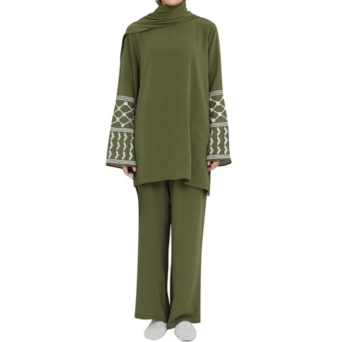 Women's Top + Pants Eid Ramadan Muslim Two-piece Outfits Embroidered Dubai Abaya Islamic Arabic Clothing - color: Army Green, size: X-Small-Small