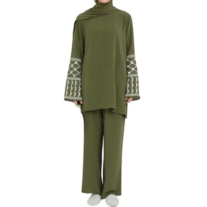 2 Piece Muslim Outfits for Women Palestine Embroidery Abayas Long Sleeve Loose Top Pants Islamic Dubai Prayer Clothes - color: Army Green, size: Large