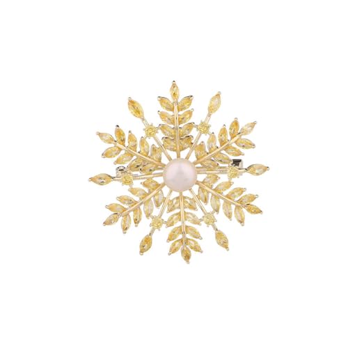 14K Gold Autumn Winter Coat Moissanite Brooch, Snowflake Clothing Pin with Natural Freshwater Pearl, Perfect Holiday Gifts, Broaches for Women Vintage - color: Yellow Gold,Yellow Crystal