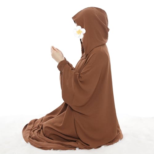 khalat Muslim Prayer Dress Abaya Solid One-Piece Hoodie Abaya Dress for Women Long Maxi Dress Islamic Dubai Jilbab - color: Coffee