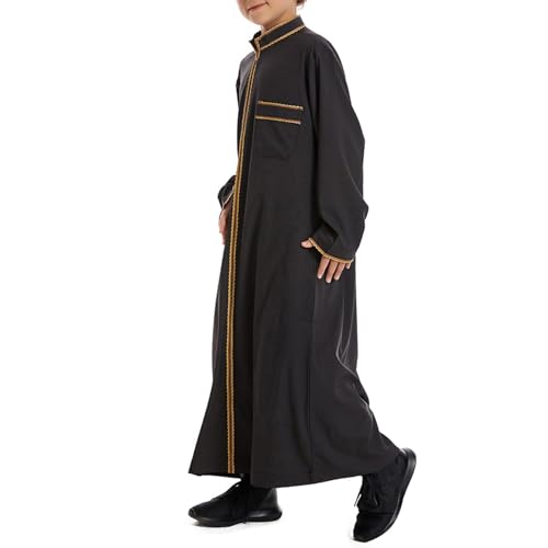 Muslim Abaya Islamic Thobe for Boys Long Sleeve Solid Festive Clothes Teen Kids Cozy Ramadan Prayer Thobe with Pocket - color: Black, size: 11-12 Years