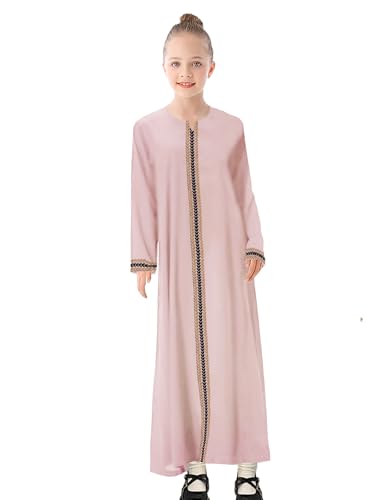 WSPLYSPJY Kids Girls Gold Embroidered Muslim Dress Abaya Long Sleeve Eid Robe Prayer Clothes - color: Light Pink, size: 11-12 Years