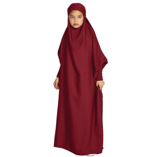 ODIZLI Muslim One Piece Prayer Hijab Dress Women Hooded Abaya Full Cover Islam Dubai Modest Robe - color: Wine Red Kids, size: 8-9 Years