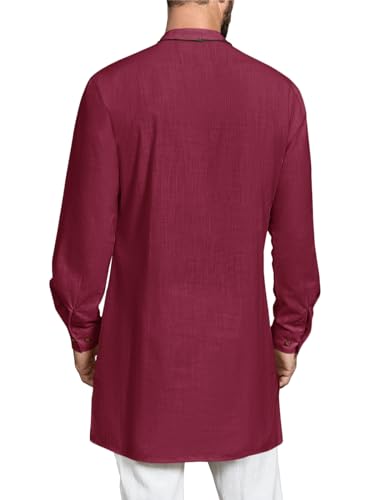 Gafeng Mens Kaftan Thobe Long Sleeve Robe Gown Casual Cotton Linen Button Muslim Shirt - color: Wine Red, size: Medium