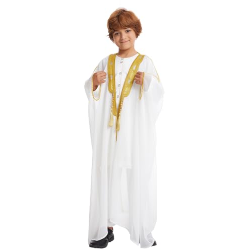 IWEMEK Kids Abaya Arabic Thobe for Boys Muslim Robes Islamic Prayer Clothes Embroidered Chiffon Kaftan Cardigan Dubai Thobe - color: White, size: 8-10 Years