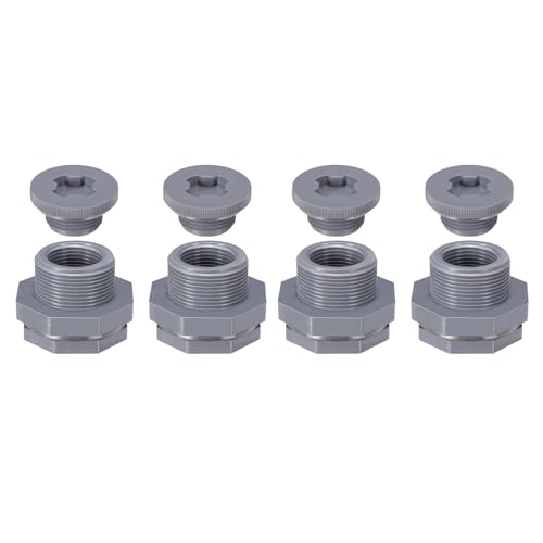 PATIKIL PVC Bulkhead Fitting with Plug NPT1", 4 Pack Bulkhead Water Tank Connector with Silicone Seal Gasket Garden Hose Fitting with Plug for Rain Bucket, Sinks, Aquariums, Gray