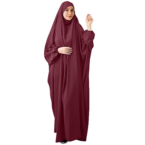 FPOVFPO Womens One-Piece Solid Abaya Muslim Prayer Dress Islamic Maxi Kaftan with Hijab Dubai Full Length Dress - color: Wine Red