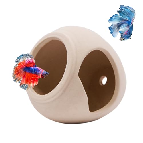 AnRui Fish Tank Hideout Ceramic Jar Aquarium Decorations Cave Cute Jar with a Hole Aquarium Accessories Decor Ornaments for Cichlid, Small Fish, Shrimp to Play Hide Breed Habitat, Apricot