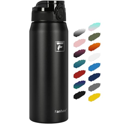 Fanhaw 24 oz Insulated Stainless Steel Water Bottle with Anti-Dust Chug Lid, Leakproof Vacuum Metal Everyday Use Bottle for Kids, Teens & Adults, Back to School Essentials (Black) - color: Black, style: 24 Ounces